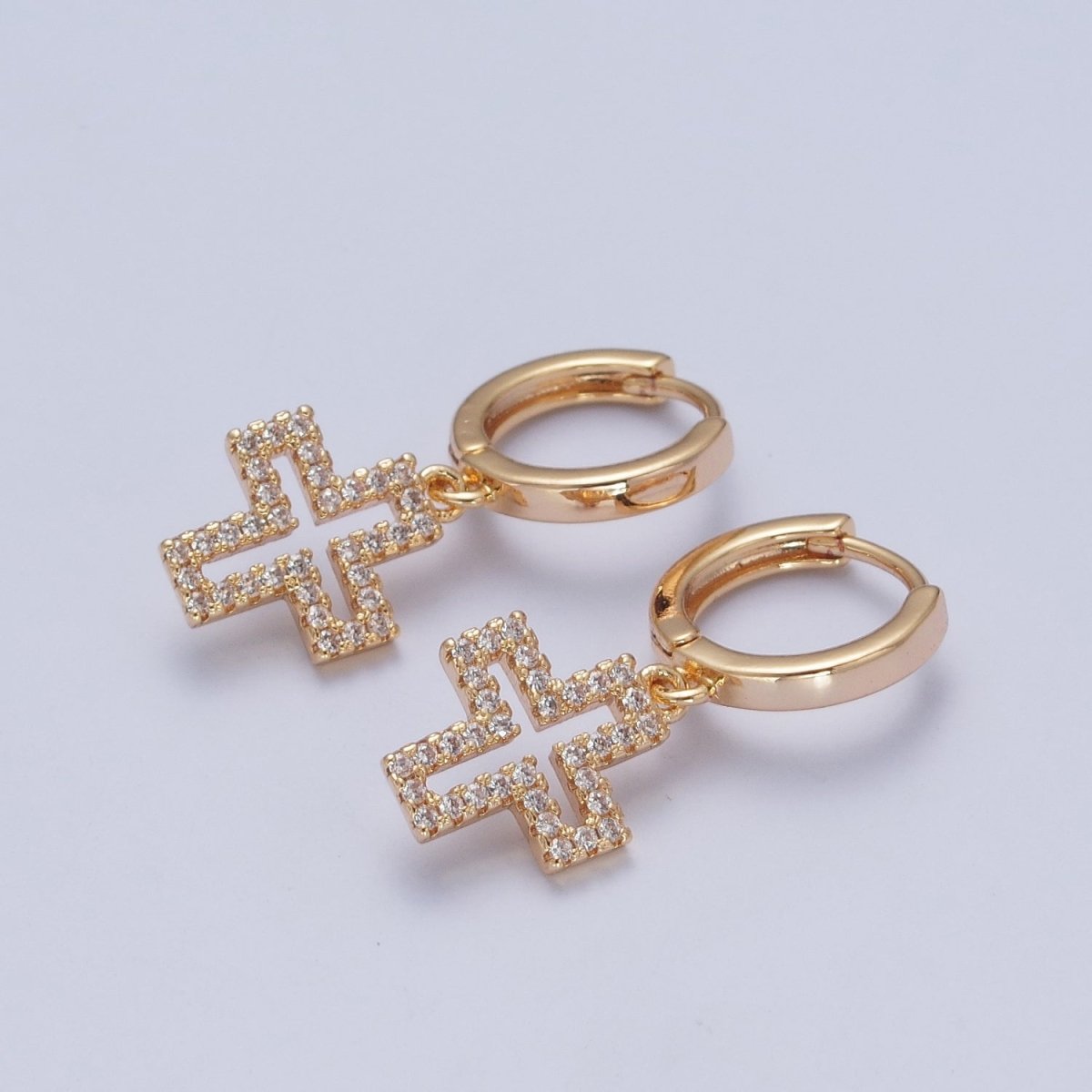 24K Gold Filled Micro Pave Cubic Zirconia Religious Cross Charm Dangle Huggie Hoop Earrings P-177 - DLUXCA