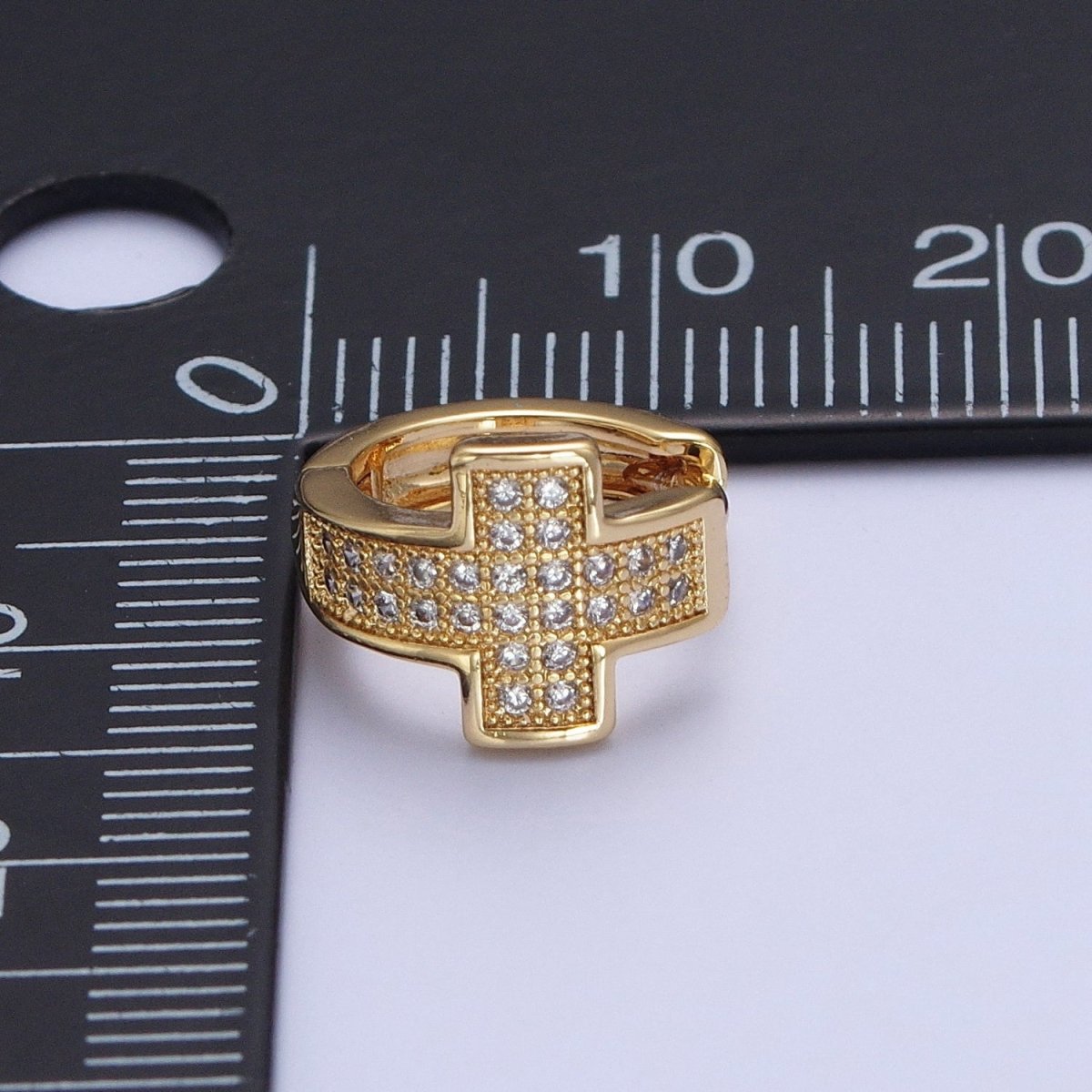 24K Gold Filled Micro Pave Cubic Zirconia Religious Cross Huggie Hoop Earrings T-037 - DLUXCA