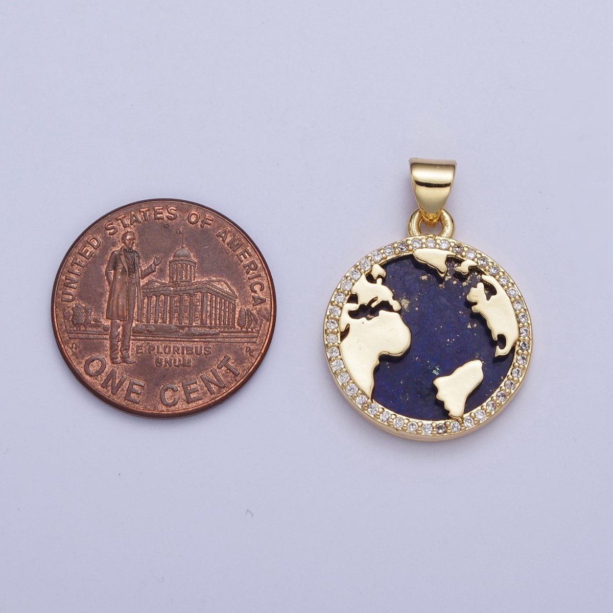 24K Gold Filled Micro Pave CZ Blue Lapiz Globe World Map Medallion Pendant For Traveler Gift X-426 - DLUXCA