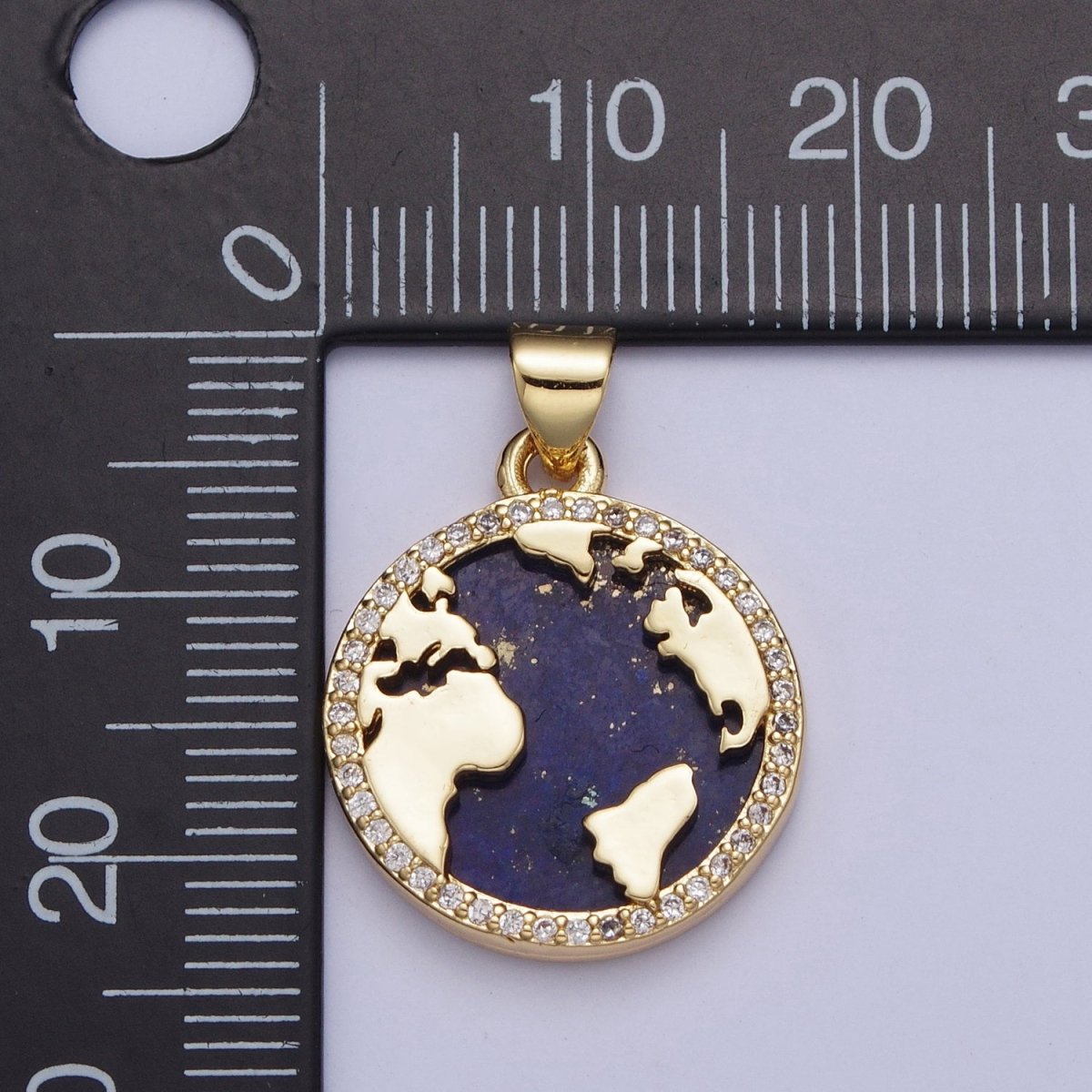 24K Gold Filled Micro Pave CZ Blue Lapiz Globe World Map Medallion Pendant For Traveler Gift X-426 - DLUXCA