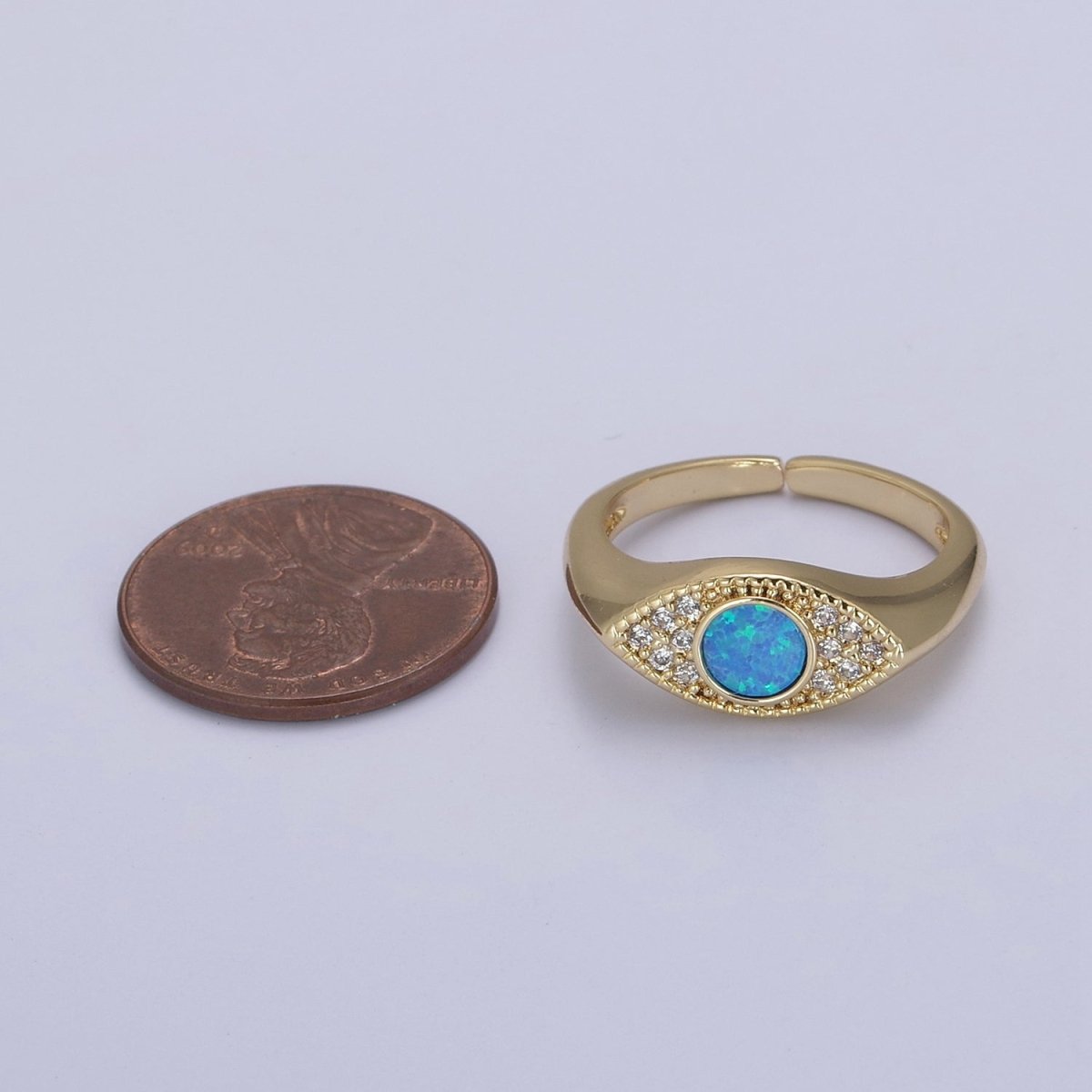 24K Gold Filled Micro Pave CZ Cubic Zirconia Evil Eye Ring, White Blue Opal Cuff Dome Signet Ring U-535 U-536 - DLUXCA