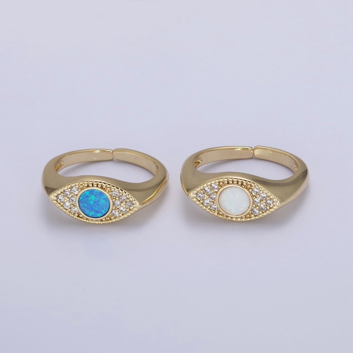 24K Gold Filled Micro Pave CZ Cubic Zirconia Evil Eye Ring, White Blue Opal Cuff Dome Signet Ring U-535 U-536 - DLUXCA