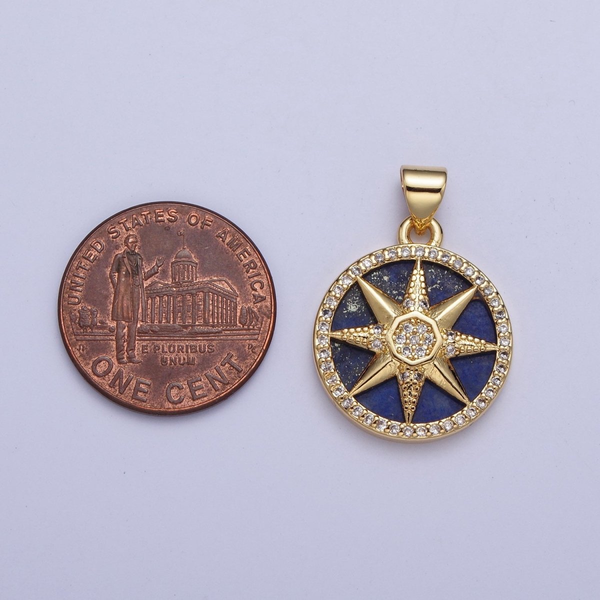 24K Gold Filled Micro Pave CZ Eight Pointed Celestial Star Round Medallion Pendant X-431 - DLUXCA