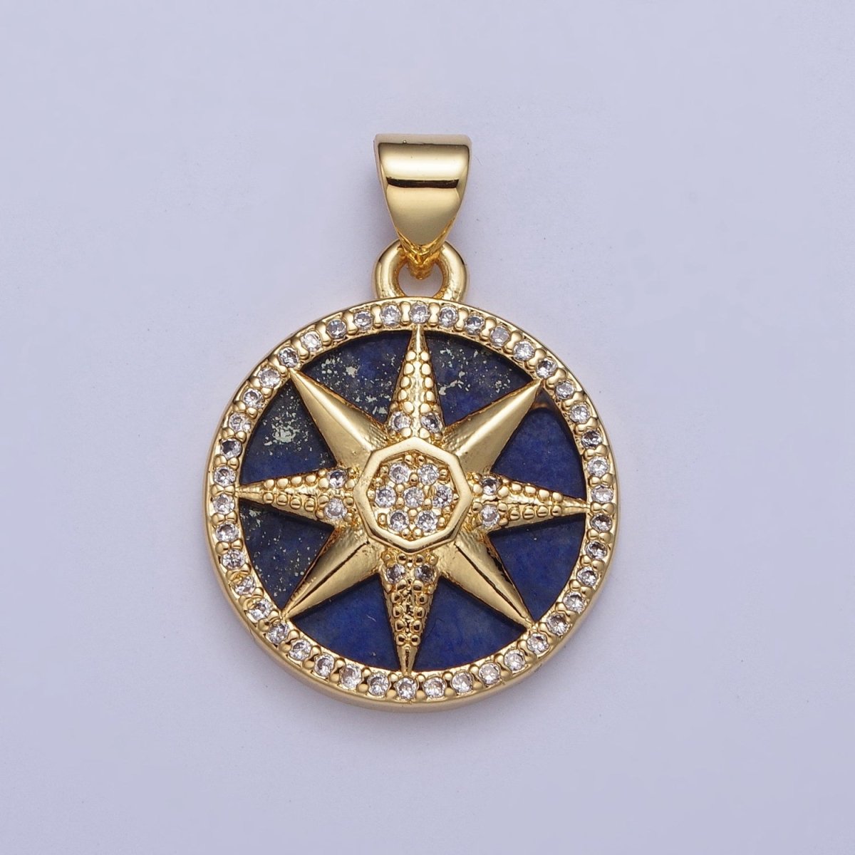 24K Gold Filled Micro Pave CZ Eight Pointed Celestial Star Round Medallion Pendant X-431 - DLUXCA