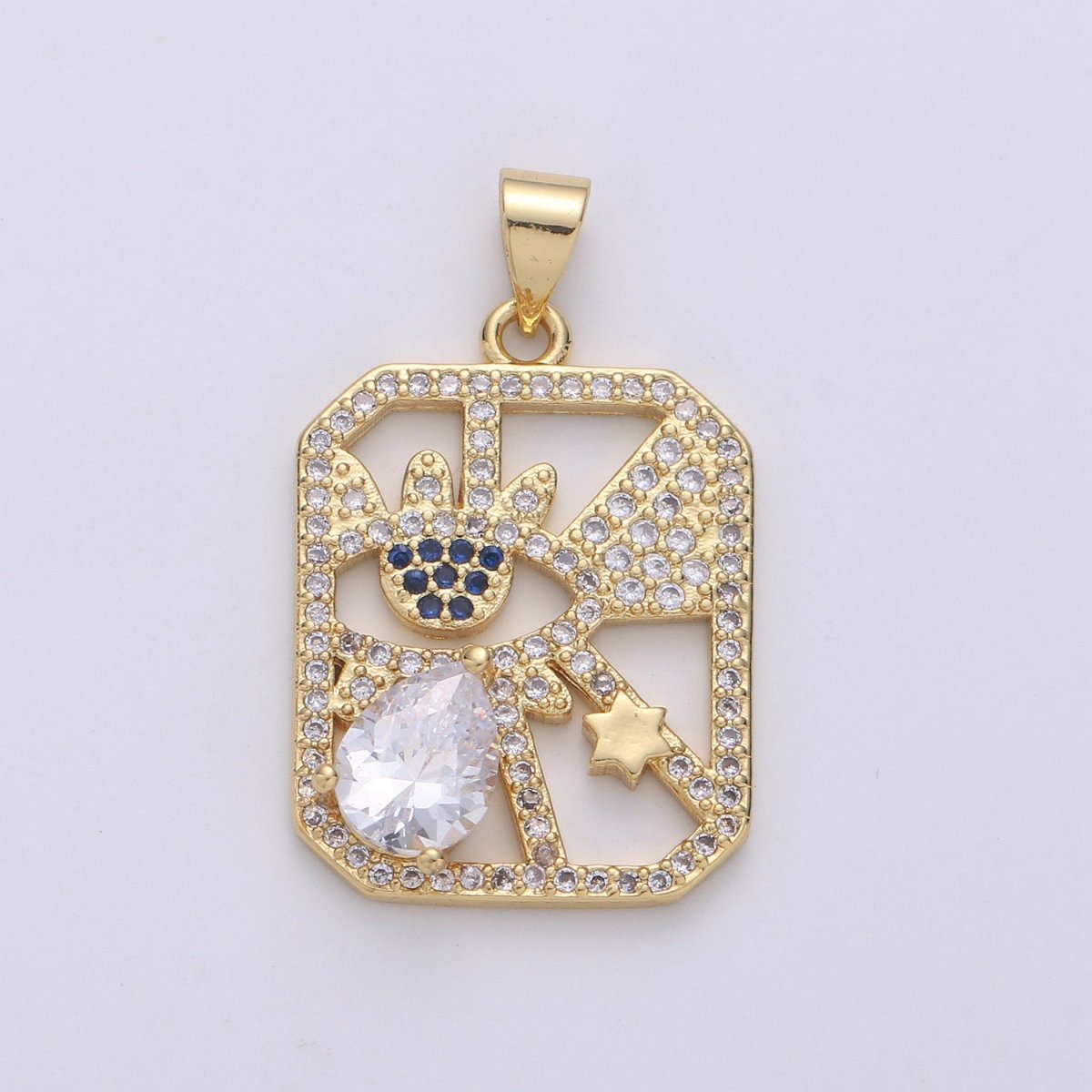 24k Gold Filled Micro Pave CZ Evil Eye Pendant Charm, Square Evil Eye Star Micro Pave CZ Pendant Charm, For DIY Jewelry I-875 - DLUXCA