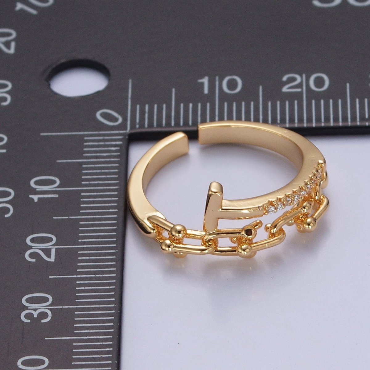 24K Gold Filled Micro Pave CZ Open T Ring with Ball Link Chain Ring O-2277 O-2278 - DLUXCA