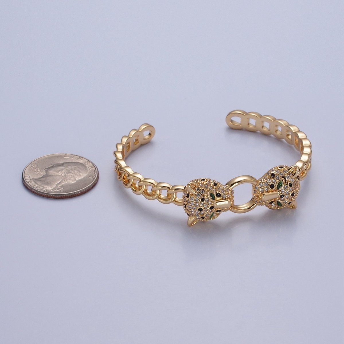 24K Gold Filled Micro Pave CZ Panther with Curb Chain Link Bangle Bracelet | WA-976 WA-977 Clearance Pricing - DLUXCA