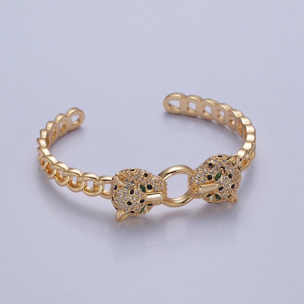 24K Gold Filled Micro Pave CZ Panther with Curb Chain Link Bangle Bracelet | WA-976 WA-977 Clearance Pricing - DLUXCA