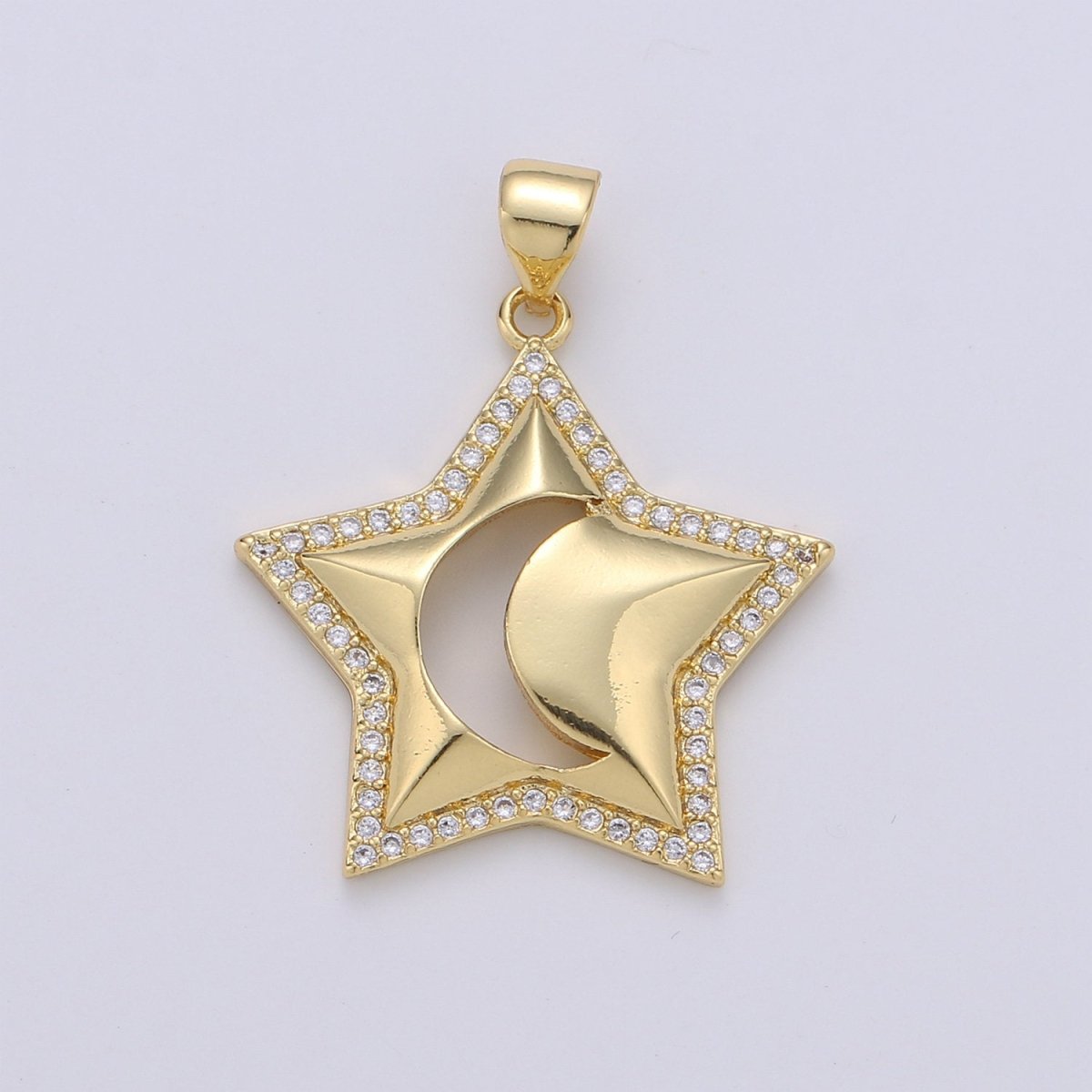 24k Gold Filled Micro Pave CZ Star Pendant Charm, Crescent moon Pendant Charm, Gold Filled Celestial Pendant, For DIY Jewelry Making I-725 - DLUXCA