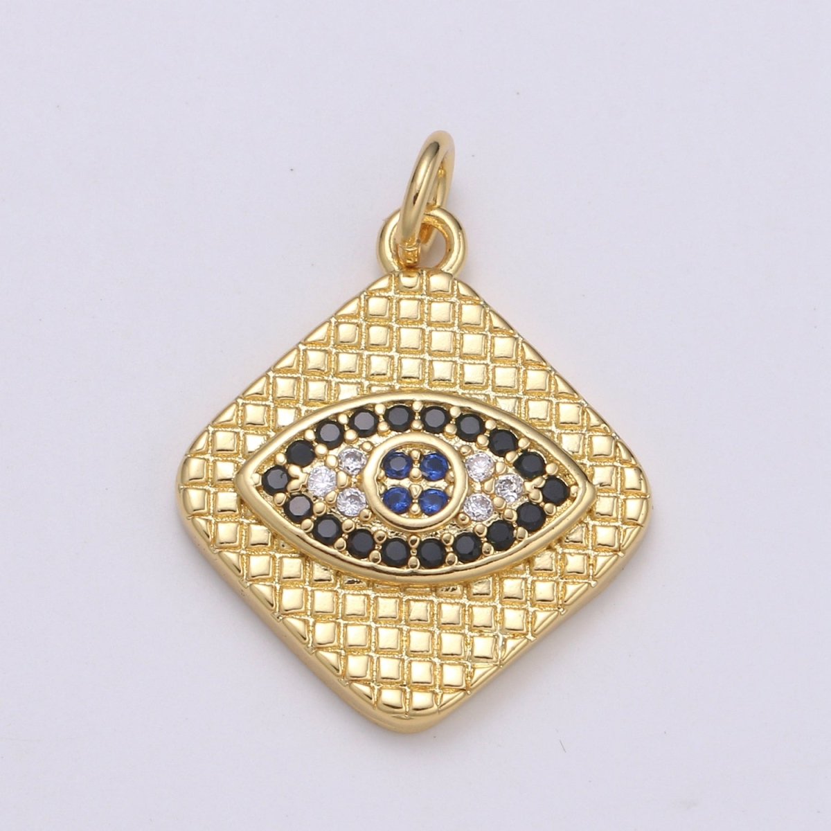 24K Gold Filled Micro Pave Evil Eye Charm, Black, Blue Cubic Zirconia Pendant Charm Rhombus Plate CZ Geometric Charm C-355 E-145 - DLUXCA