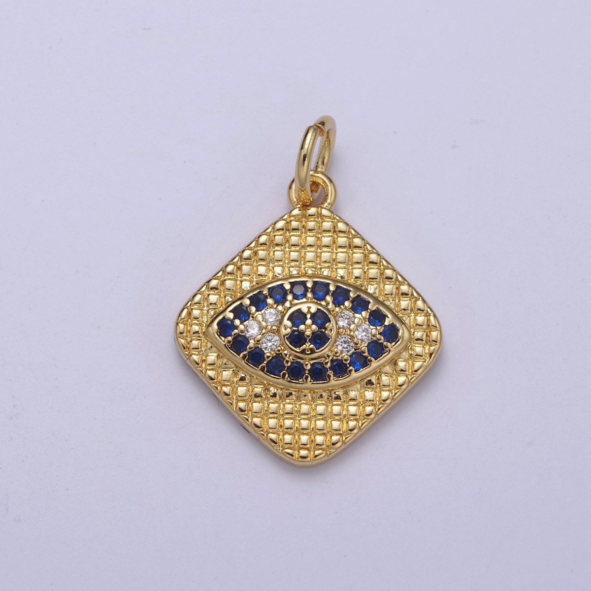 24K Gold Filled Micro Pave Evil Eye Charm, Black, Blue Cubic Zirconia Pendant Charm Rhombus Plate CZ Geometric Charm C-355 E-145 - DLUXCA