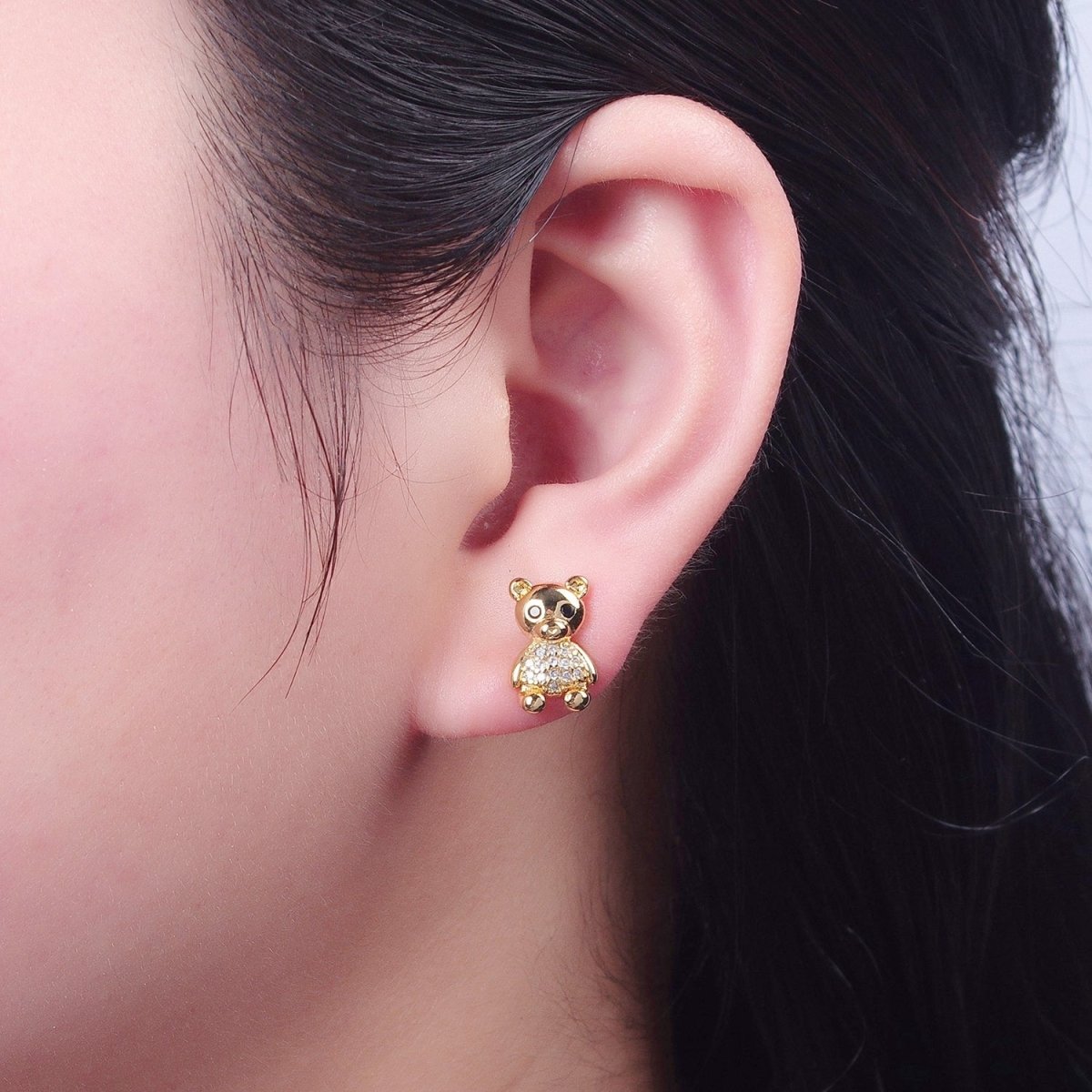 24K Gold Filled Micro Pave Gold Teddy Bear Stud Earrings P-320 - DLUXCA
