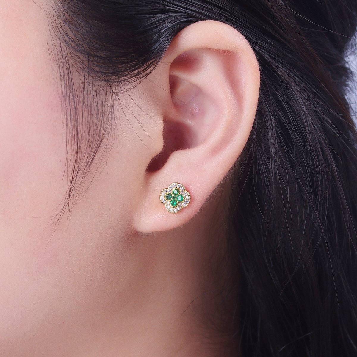 24K Gold Filled Micro Pave Green & Clear Cubic Zirconia Lucky Clover Leaf Stud Earrings | X-860 - DLUXCA