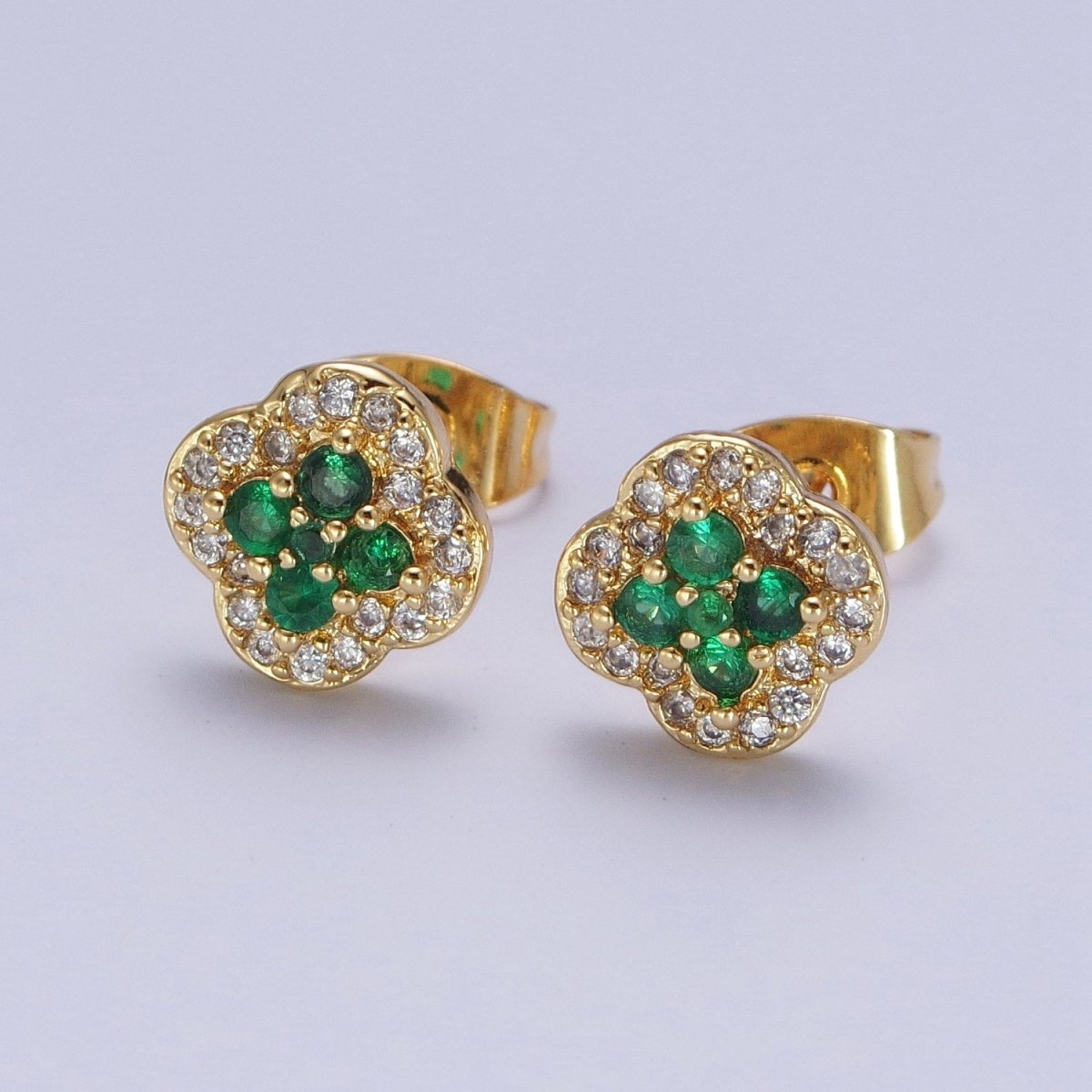 24K Gold Filled Micro Pave Green & Clear Cubic Zirconia Lucky Clover Leaf Stud Earrings | X-860 - DLUXCA