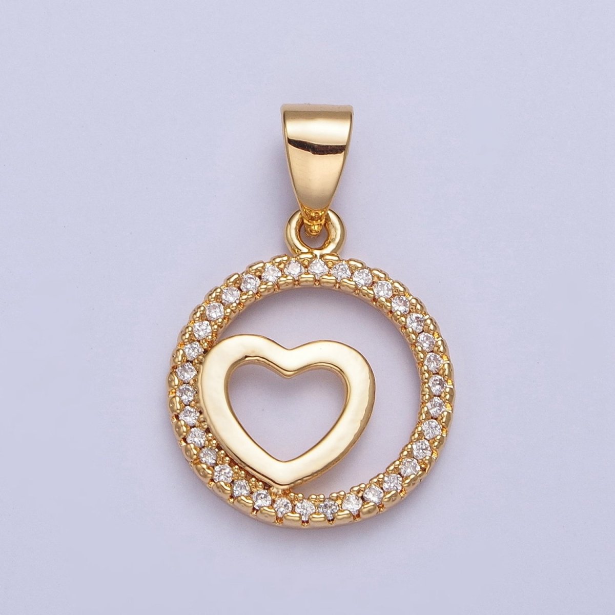 24K Gold Filled Micro Pave Heart Love Round Open Medallion Pendant For Jewelry Making X-448 - DLUXCA