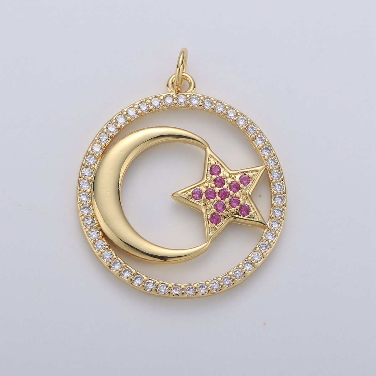 24k Gold Filled Micro Pave Moon Charm, Cubic Zirconia Moon Pendant Charm Pink Star Charm Gold Filled Charm, For DIY Jewelry D-119 - DLUXCA