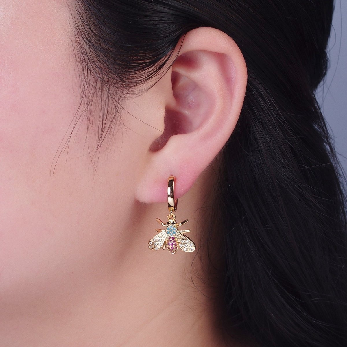 24K Gold Filled Micro Pave Multicolor CZ Bumble Bee Charm Huggie Hoop Earrings P-430 - DLUXCA