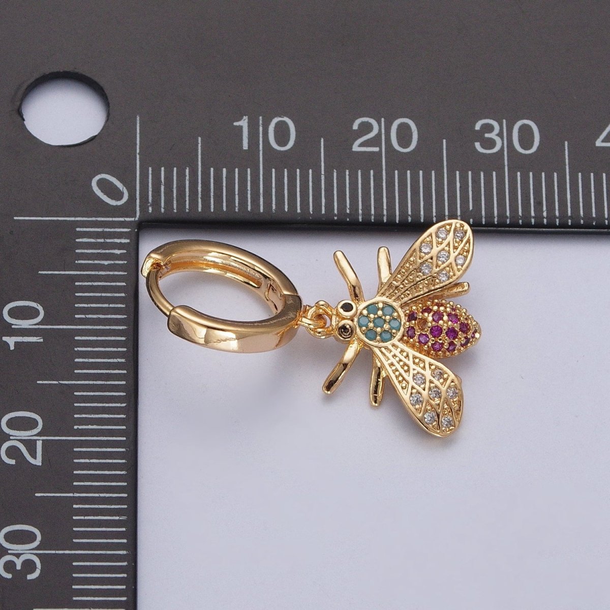 24K Gold Filled Micro Pave Multicolor CZ Bumble Bee Charm Huggie Hoop Earrings P-430 - DLUXCA