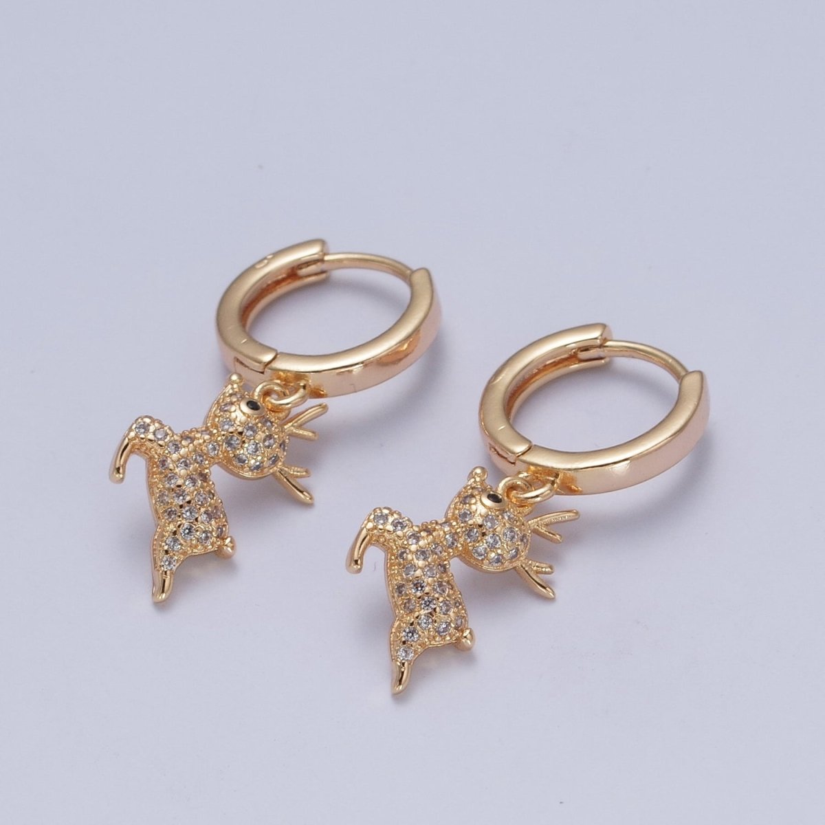 24K Gold Filled Micro Pave Reindeer Charm Dangle Huggie Hoops Earrings P-422 - DLUXCA