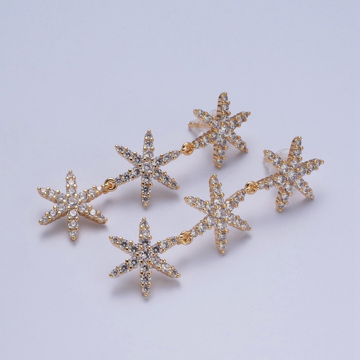 24K Gold Filled Micro Pave Star Dangle Stud Earrings P-314 - DLUXCA