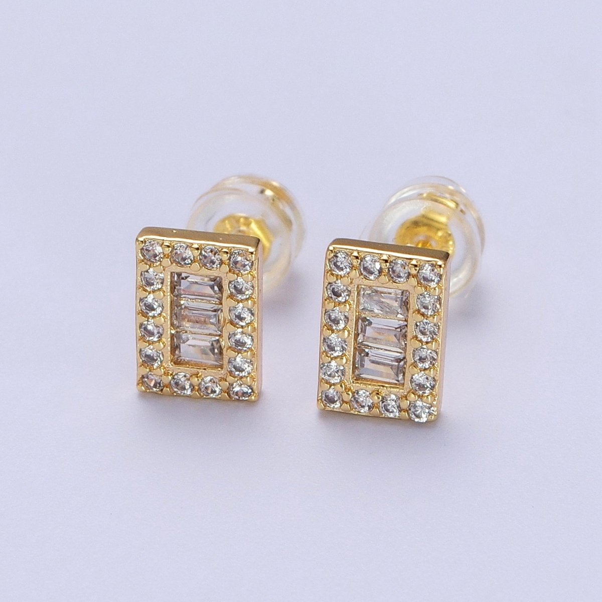 24K Gold Filled Micro Paved Baguette CZ Rectangular Bar Stud Earrings | Y-103 - DLUXCA