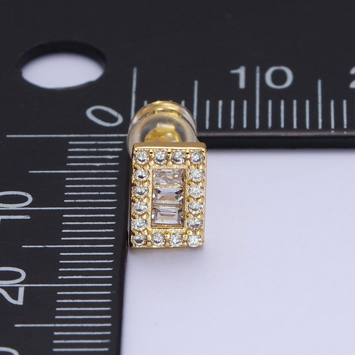 24K Gold Filled Micro Paved Baguette CZ Rectangular Bar Stud Earrings | Y-103 - DLUXCA