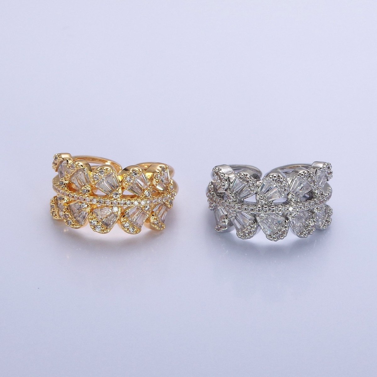 24K Gold Filled Micro Paved Baguette Geometric Triple Band Ring in Gold & Silver | O-1551 O-1552 - DLUXCA