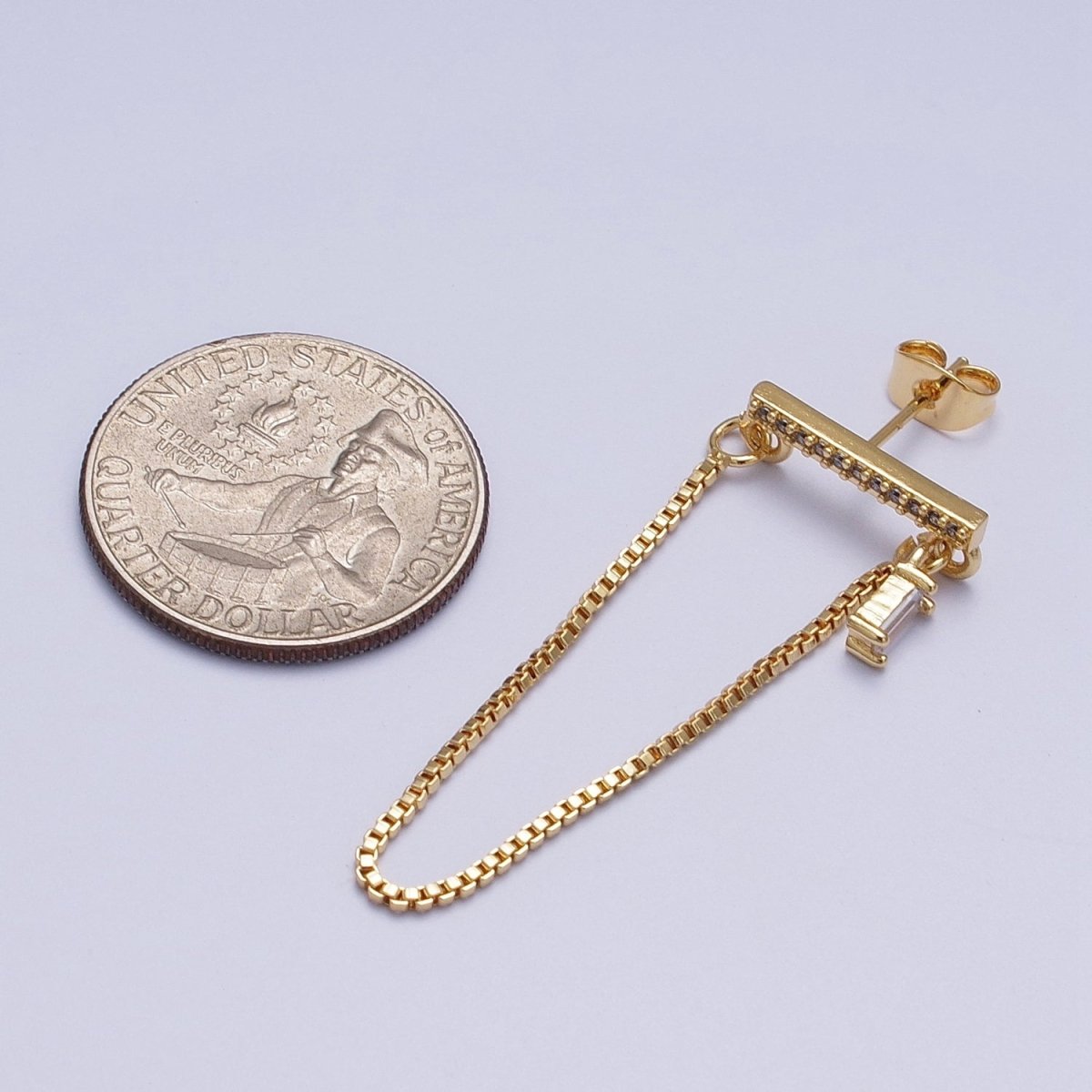 24K Gold Filled Micro Paved Bar And Box Chain Drape Baguette CZ Stud Earrings | Y-206 - DLUXCA