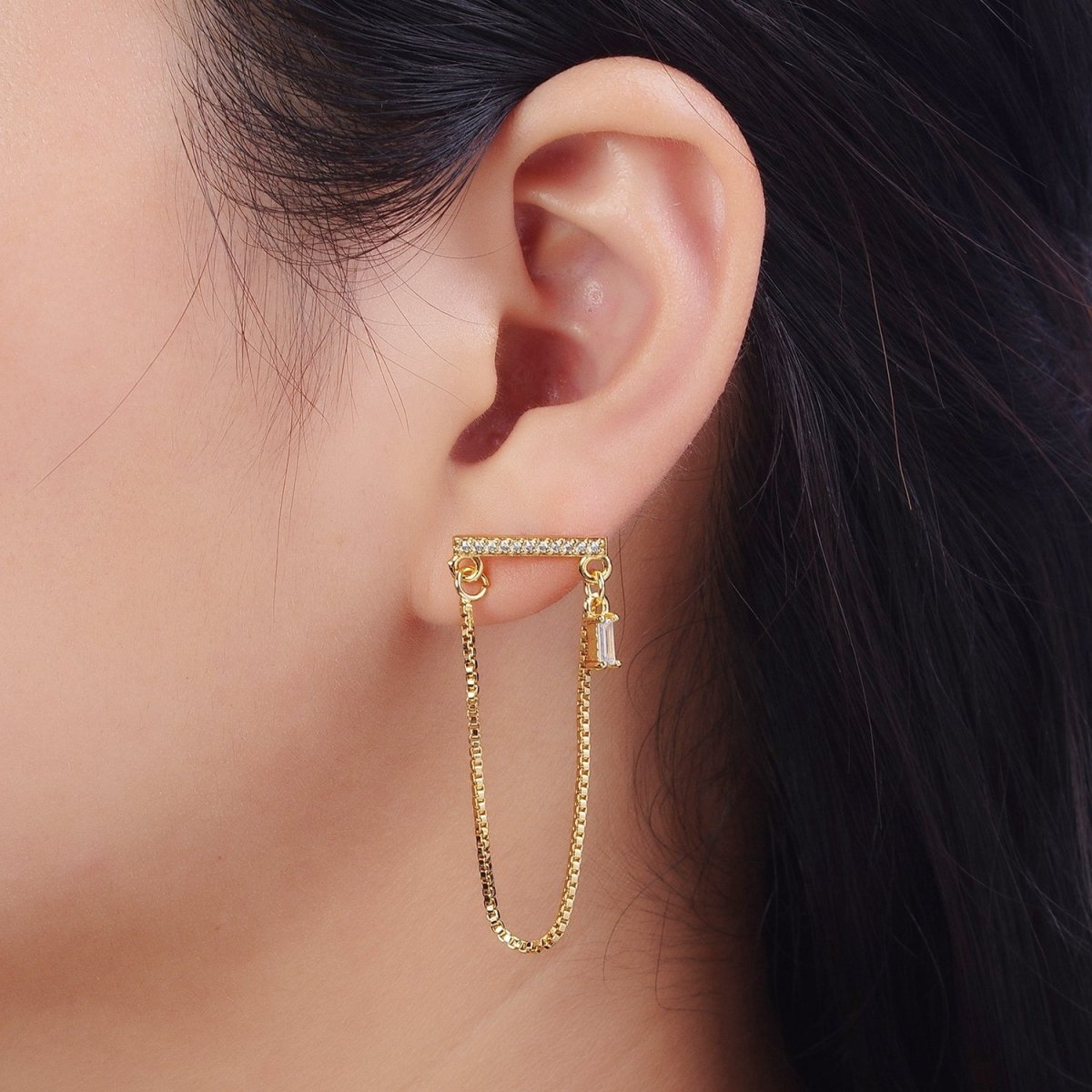 24K Gold Filled Micro Paved Bar And Box Chain Drape Baguette CZ Stud Earrings | Y-206 - DLUXCA