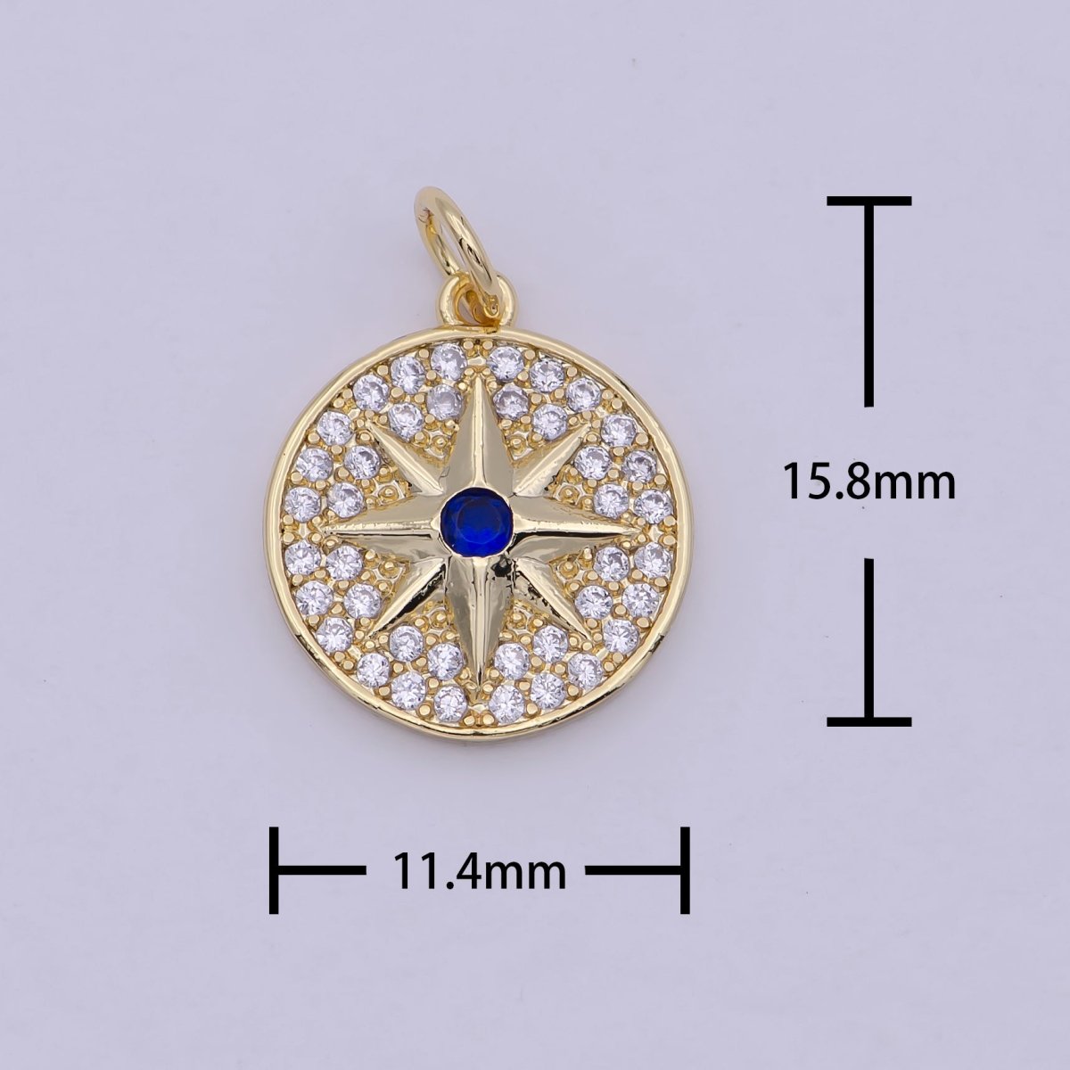 24K Gold Filled Micro Paved Blue Celestial Polaris North Star Coin Charm | C-194 - DLUXCA