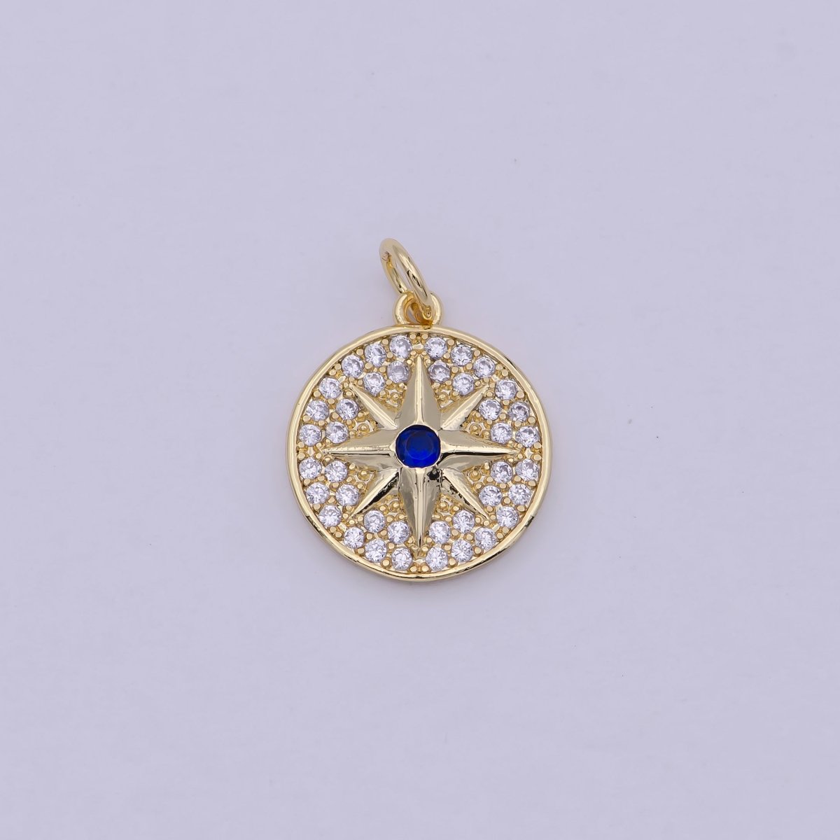 24K Gold Filled Micro Paved Blue Celestial Polaris North Star Coin Charm | C-194 - DLUXCA
