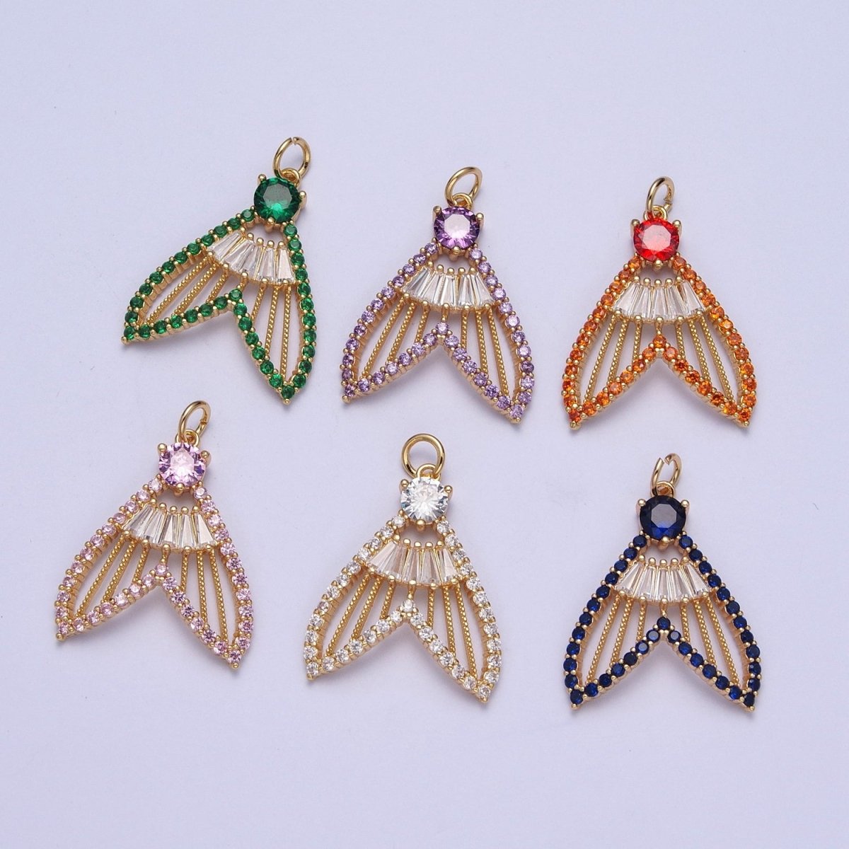 24K Gold Filled Micro Paved Clear, Pink, Green, Purple, Orange, Blue Geometric Nautical Whale Tail Charm | X-188 - X-193 - DLUXCA