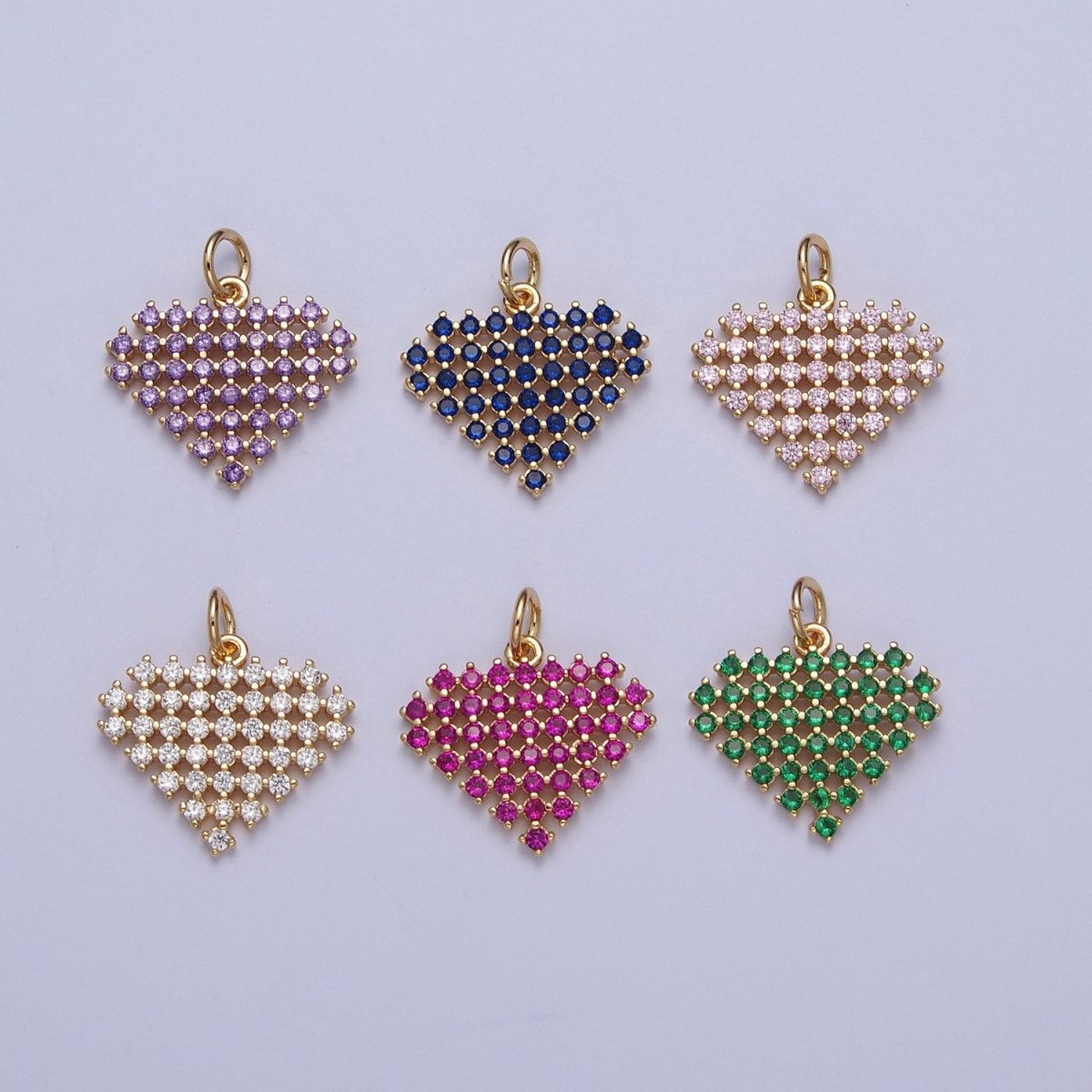 24K Gold Filled Micro Paved Clear, Purple, Fuchsia, Pink, Green, Blue Heart Diamond Charm | X-809 - X-814 - DLUXCA