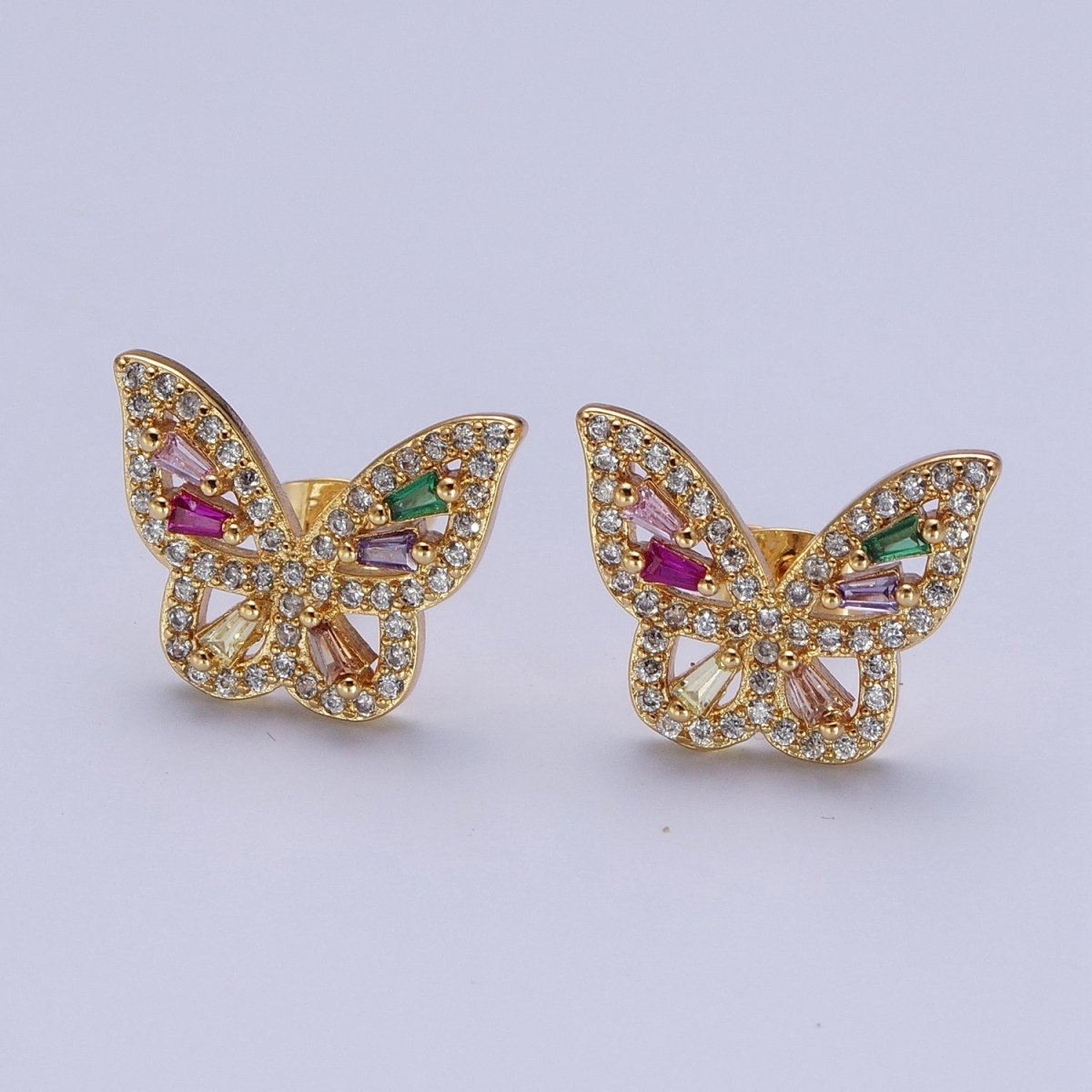 24K Gold Filled Micro Paved Clear Rainbow Butterfly Mariposa Studs Earrings | X-862 - DLUXCA