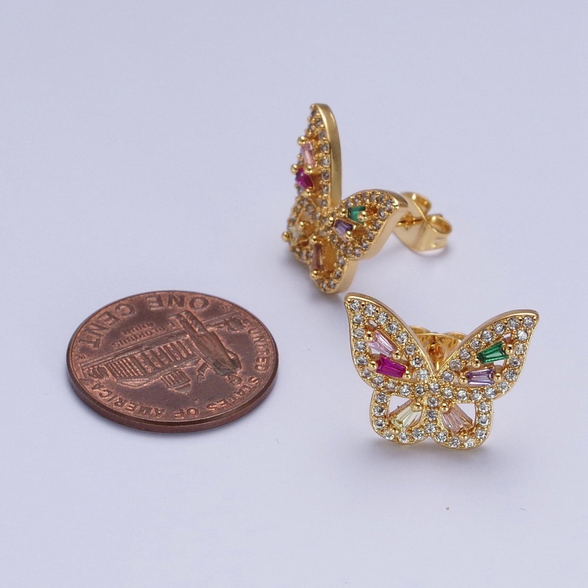 24K Gold Filled Micro Paved Clear Rainbow Butterfly Mariposa Studs Earrings | X-862 - DLUXCA