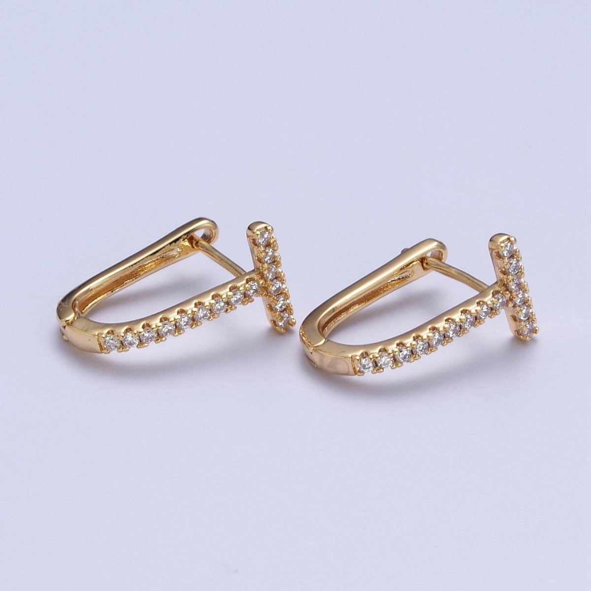 24K Gold Filled Micro Paved CZ 16mm T-Shaped Oblong Hoop Earrings T-036 - DLUXCA