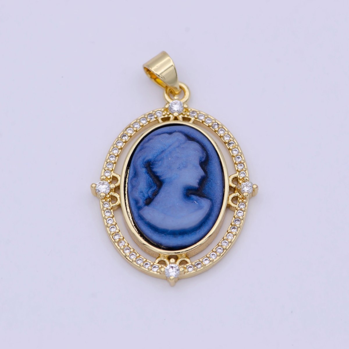24K Gold Filled Micro Paved CZ Blue Pink Green Agate Women's Portrait Italian Cameo Victorian Vintage Pendant N-616 N-617 N-618 - DLUXCA