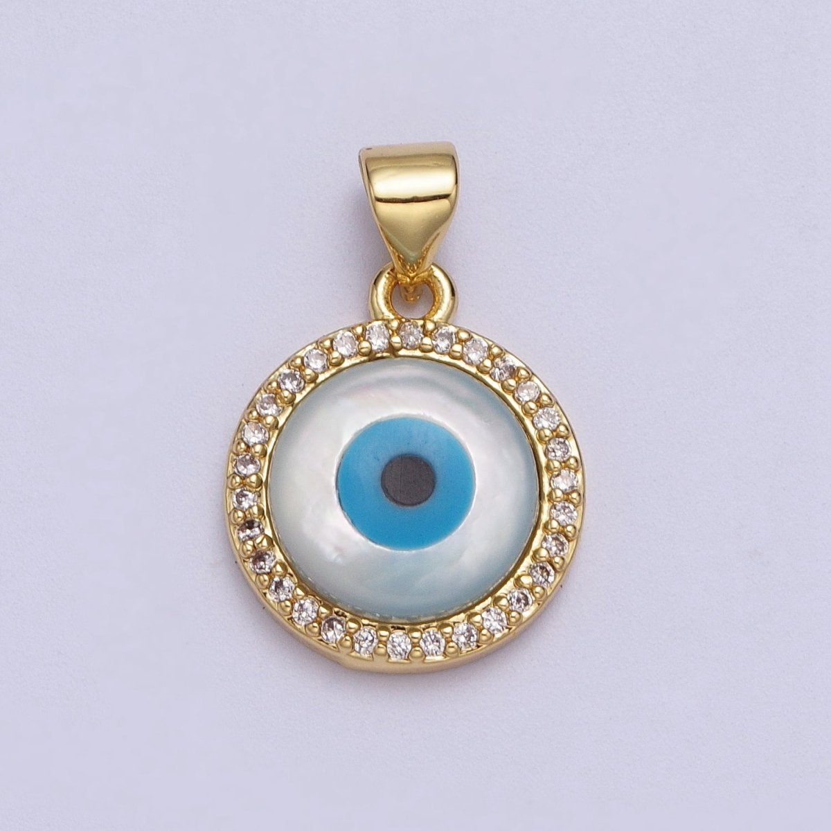 24K Gold Filled Micro Paved CZ Evil Eye Protection Round Amulet Pendant H-288 - DLUXCA