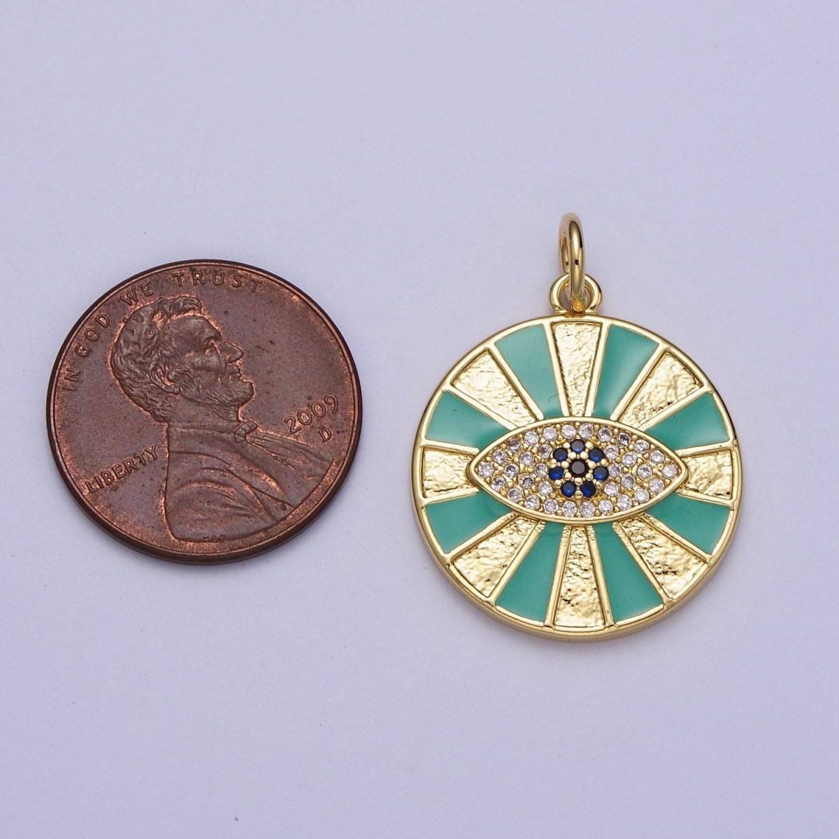 24K Gold Filled Micro Paved CZ Evil Eye Teal Enamel Round Coin Charm E-434 - DLUXCA