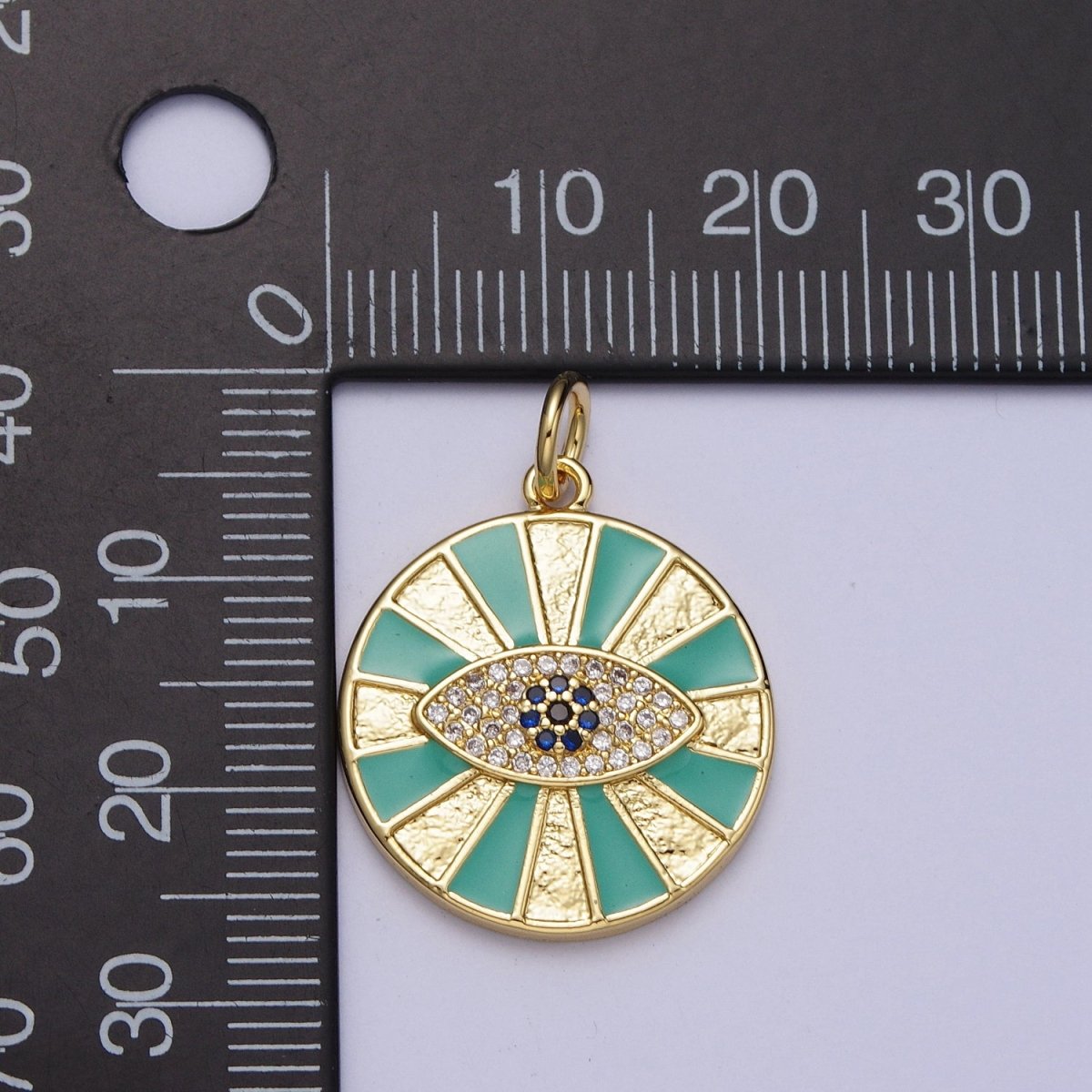 24K Gold Filled Micro Paved CZ Evil Eye Teal Enamel Round Coin Charm E-434 - DLUXCA