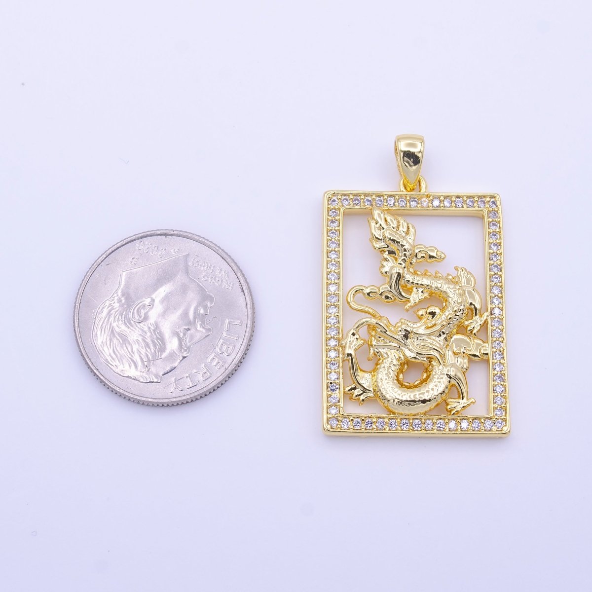 24K Gold Filled Micro Paved CZ Frame Gold Chinese Dragon Pendant | AA511 - DLUXCA