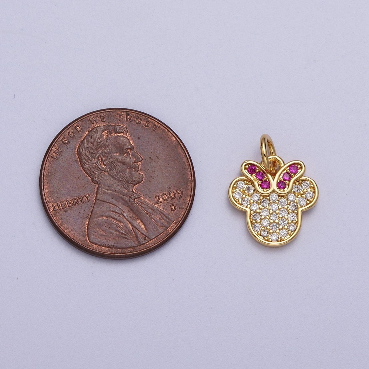 24K Gold Filled Micro Paved CZ Fuchsia-Bowed Mouse Kid's Charm | C-844 - DLUXCA