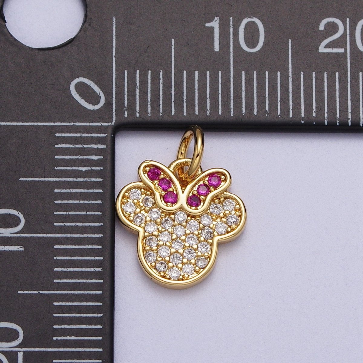 24K Gold Filled Micro Paved CZ Fuchsia-Bowed Mouse Kid's Charm | C-844 - DLUXCA