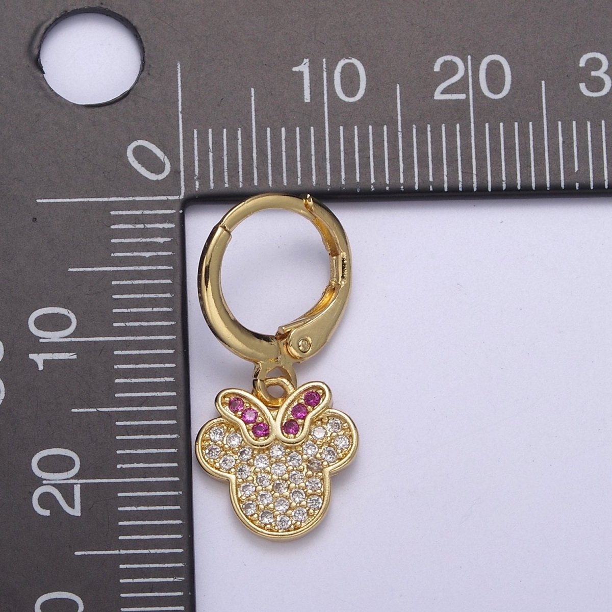 24K Gold Filled Micro Paved CZ Fuchsia-Bowed Mouse Kid's Huggie Earrings | T-268 - DLUXCA