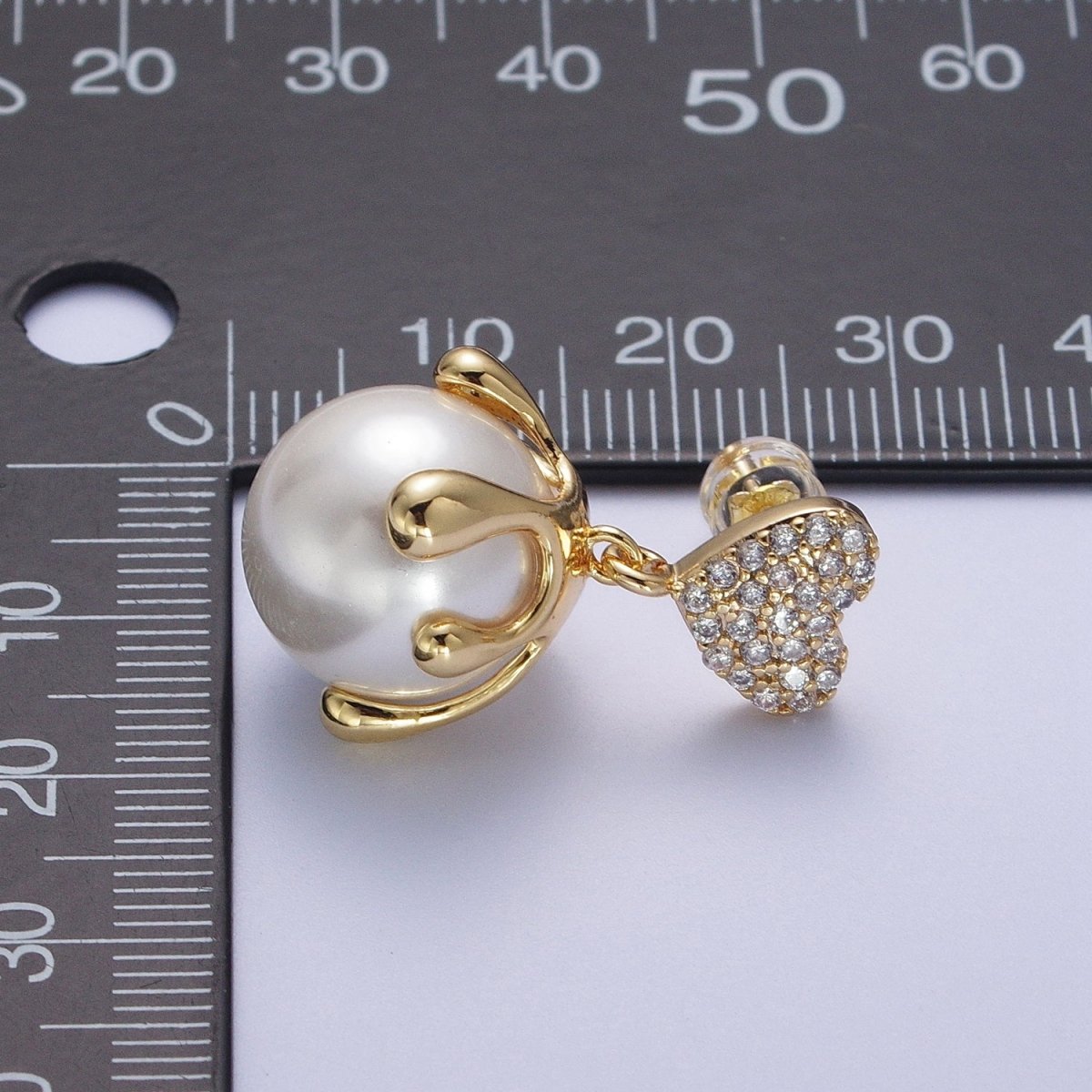 24K Gold Filled Micro Paved CZ Heart Love Drop Round White Pearl Geometric Drip Stud Earrings | Y-032 - DLUXCA