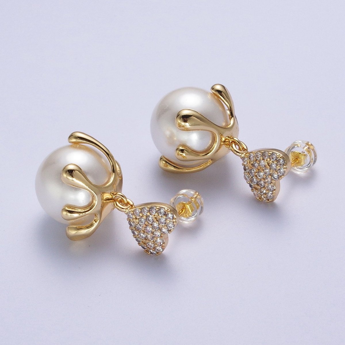 24K Gold Filled Micro Paved CZ Heart Love Drop Round White Pearl Geometric Drip Stud Earrings | Y-032 - DLUXCA
