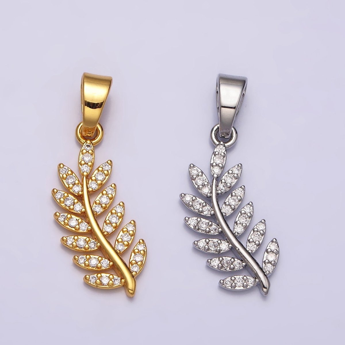 24K Gold Filled Micro Paved CZ Olive Leaf Plant Nature Pendant in Gold & Silver | AA473 AA474 - DLUXCA