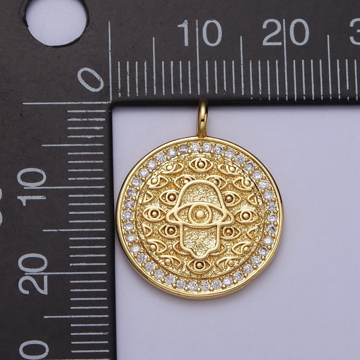 24K Gold Filled Micro Paved CZ Round Hamsa Hand Evil Eye Protection Medallion Pendant H-370 - DLUXCA