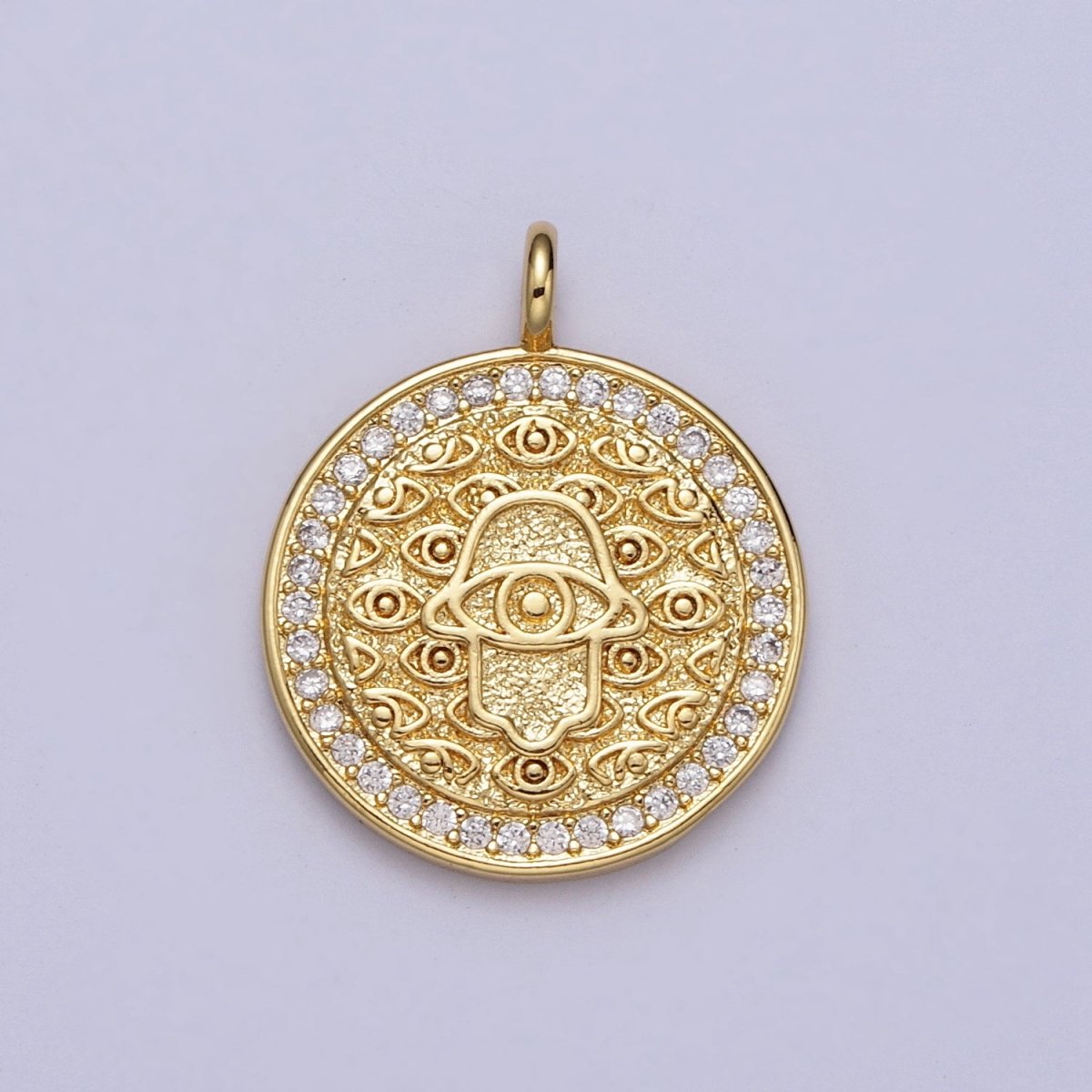 24K Gold Filled Micro Paved CZ Round Hamsa Hand Evil Eye Protection Medallion Pendant H-370 - DLUXCA