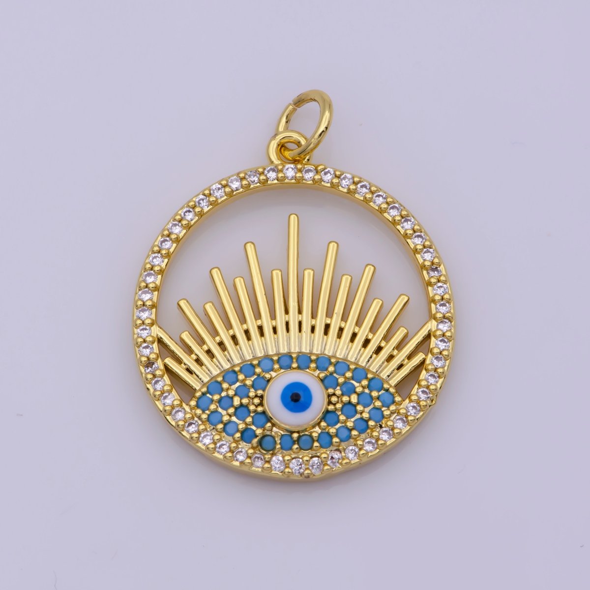 24K Gold Filled Micro Paved CZ Turquoise Evil Eye Open Coin Charm N-193 - DLUXCA